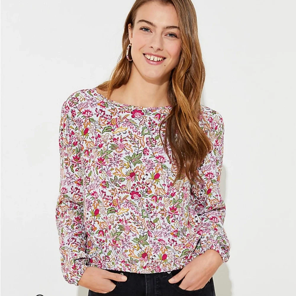 Loft Jungle Wrapped Back floral long sleeve cropped top size xs - Picture 8 of 12